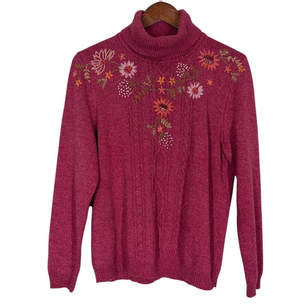 Vintage Alfred Dunner Women's Sweater Size L Pink Floral Embroidered Silk Wool